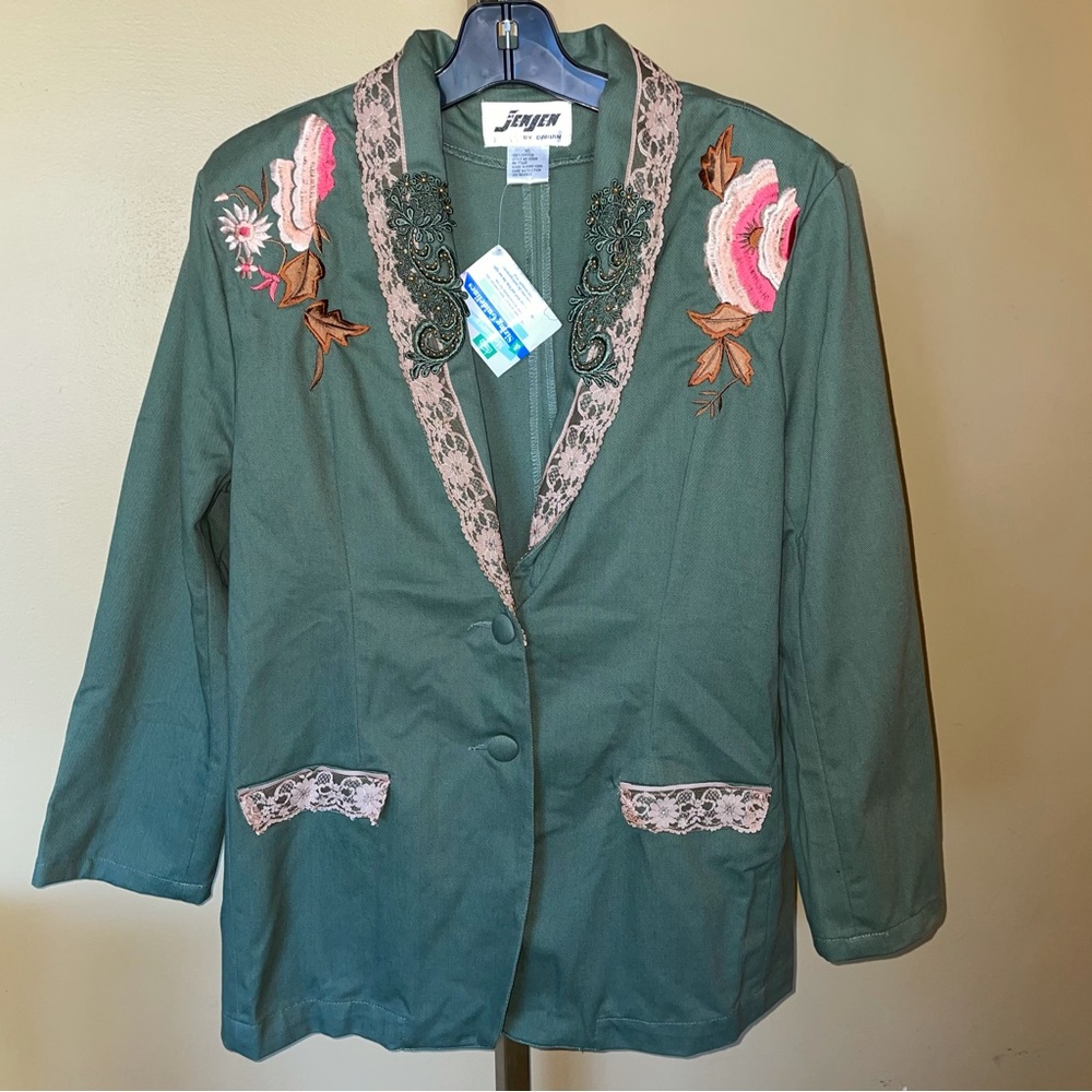 Vintage Jen Jen Green Embellished Embroidered Bead Floral Lace Denim Jacket NEW